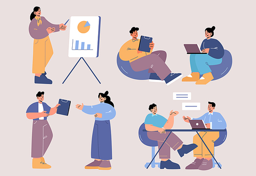 People work in office. Business team, company staff on workplace. Vector flat illustration of employees with laptop, clipboards and presentation. Women and men meeting and talk on job