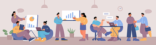People work in open space office. Vector flat illustration of coworking workplace interior for teamwork, meeting and freelance job. Women and men with laptops, clipboards and presentation in office