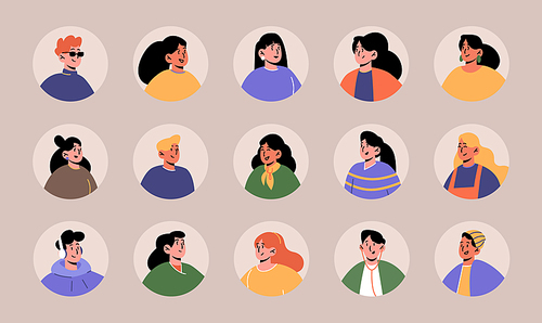 Set people avatars, faces of male and female characters. Young men or women with different appearance portraits for social media and web design, isolated round icons, Line art flat vector illustration