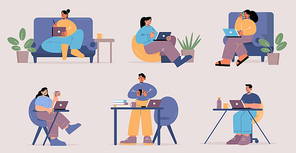 People work at home office. Concept of freelance, online business, remote job. Vector set of flat illustrations with characters with laptop or phone in comfortable workplace