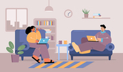 People work with laptop and phone at home. Concept of freelance, online business, distant job. Vector flat illustration of living room interior with couple, chair, sofa, bookcase and coffee cups