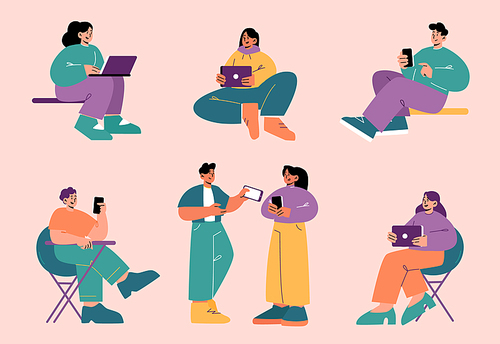 People use gadgets, young men and women with smartphones, laptops and tablets chatting, working and typing. Happy male and female characters mobile communication, Line art flat vector illustration