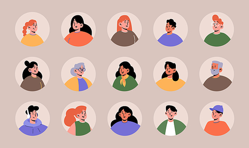Set people avatars, faces of young and old male and female characters. Diverse men or women with different hair color, teens and adult portraits for social media, isolated line art flat vector icons