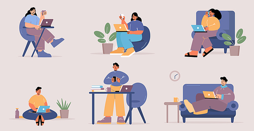 Work from home, set of people with laptops. Freelance, self-employment concept. Freelancers or outsourced remote workers with computers sit at desk or sofa in room, Line art flat vector illustration