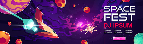 Space fest cartoon web banner, invitation to music show or concert with dj performance. Shuttle and alien station in galaxy with planets. Cosmos, universe fantasy background, vector illustration