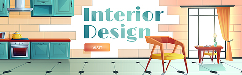 Interior design cartoon web banner. Home or cafe kitchen with appliances for cooking and modern furniture, served table near large window, oven, range hood, designing service, vector illustration