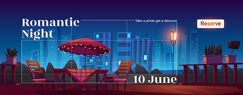 Romantic night cartoon web banner with cafe or restaurant terrace with table, umbrella and chairs. Outdoor cafe summer cityscape, patio romance event reservation, Vector layout with reserve button