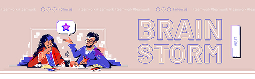 Brainstorm web banner with business people think idea, teamwork. Creative team man and woman sitting at desk with crumpled papers and coffee discuss new project, cartoon vector line art illustration
