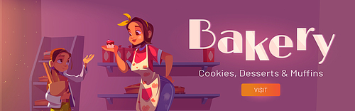 Bakery poster with woman, girl and cakes on shelves. Vector flyer of pastry store with cartoon illustration of bakery shop with chef in apron hold chocolate cupcake and girl with bread in bag in