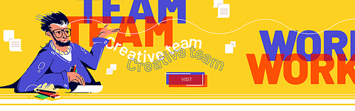 Teamwork landing page. Concept of partnership, support and communication in business. Vector banner of creative team with flat illustration of man worker in office