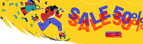 Sale cartoon landing page with running girl on rolling skates with shopping bags and money bills flying. Special offer for retail store, shopaholic woman hurry for purchase, Vector line art web banner