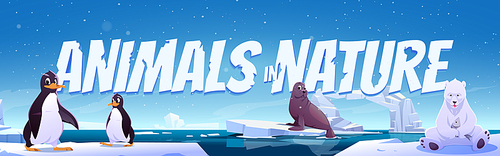Animals in nature cartoon banner. Wild penguins, polar bear and seal sit on ice floes in sea. Antarctica or North Pole inhabitants in outdoor area, ocean. Beasts in fauna vector web footer or header