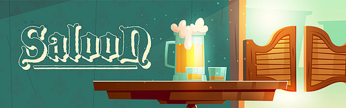 Cowboy saloon cartoon banner, glass tankards with foamy beer and shots with alcohol drinks stand on wooden old style table in wild west tavern. Invitation to retro pub or bar Vector web header