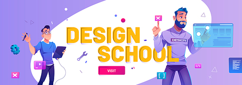 Design school cartoon web banner, professional designers with graphic tablets create projects on augmented reality interface screens. Creative courses, online education, workshop, vector illustration