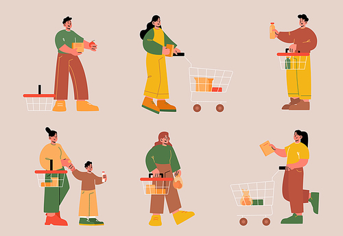 People with shopping carts and baskets in supermarket. Vector flat set of persons with purchases and shop trolleys in store. Women and men buying food and grocery