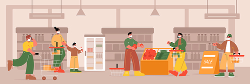 People in face masks with shopping carts and baskets in supermarket. Vector flat illustration of persons with trolleys make purchases in store. Shoppers buy food and vegetables