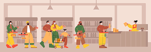 People in face masks standing in queue to checkout counter in supermarket. Customers with baskets and cart waiting in long line in store. Vector flat illustration of shop with cashier and shoppers