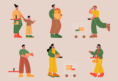 Supermarket and grocery visitors, people with carts and paper bags buying food and products in shop. Men, women and kids purchasing in store, customers characters shopping, Line art flat vector set