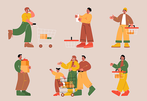 People in supermarket or grocery, visitors with carts and paper bags shopping, buying food and products in shop. Men, women and kids customers characters purchasing in store, Line art flat vector set