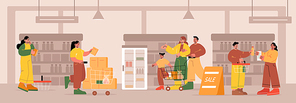 People in supermarket or grocery store market, visitors with carts walk along shelves choose food. Men, women and kids customers characters shopping, buying products in shop, Line art flat vector set