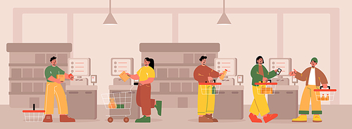 People use self service payment in supermarket. Automatic grocery shopping system with smart cashier robotic assistance. Modern checkout technology in store market, Line art flat vector illustration