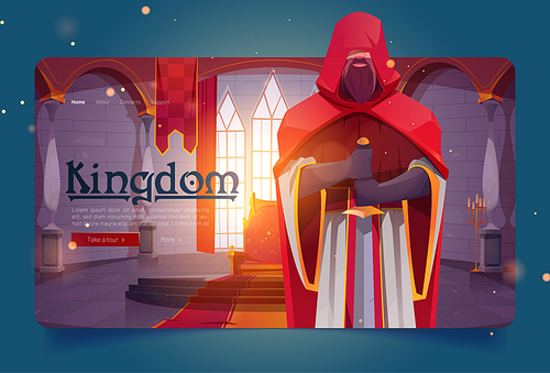 Kingdom cartoon landing page, ancient warrior in medieval castle throne room, knight, heraldic soldier with sword, guard with blade, fairy tale character, game or book personage, Vector web banner