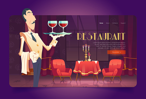 Restaurant banner with waiter holding tray with wineglasses. Vector landing page with cartoon illustration of luxury cafe interior with flowers and candles on table, chairs and man serving wine