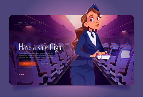 Stewardess with ticket in airplane cartoon landing page. Air hostess, Young woman in uniform, aircrew company plane flight attendant wish safe flight to passengers in plane aisle, Vector web banner