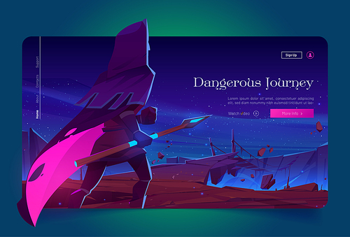 Dangerous journey cartoon landing page, wizard with glowing spear stand at night mountain landscape with suspended bridge under starry sky, magic fantasy game with knight or ranger, Vector web banner