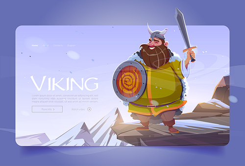 Viking banner with ancient scandinavian warrior on mountain. Vector landing page with cartoon illustration of medieval barbarian in horned helmet, with sword and wooden shield with snake emblem