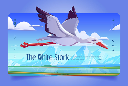 White stork cartoon landing page, beautiful wild bird flying in blue cloudy sky over natural spring time landscape with mountains, river and green fields. Ornithology, wildlife, Vector web banner