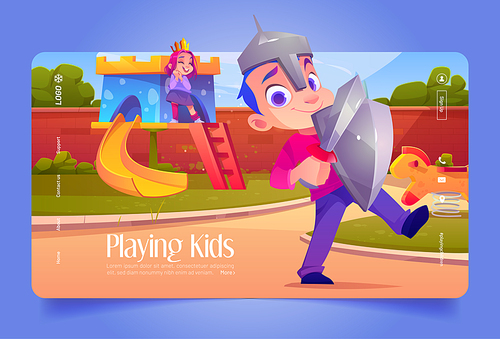 Children playing on playground, little boy and girl wear knight and princess costumes having fun at toy castle in house yard or kindergarten. Kids outdoor summer game, Cartoon vector illustration