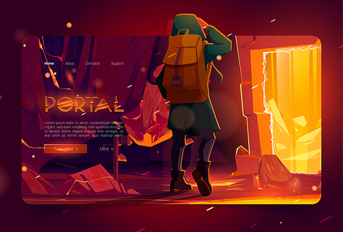 Portal banner with man in mountain cave with ancient stone arch with golden glow. Vector landing page with cartoon fantasy illustration with traveler with backpack walks to magic portal