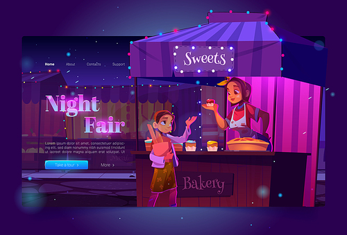 Night fair banner with food market on street and girl buying sweets. Vector landing page of festive marketplace with cartoon illustration of wooden stalls, bakery vendor at counter with cakes