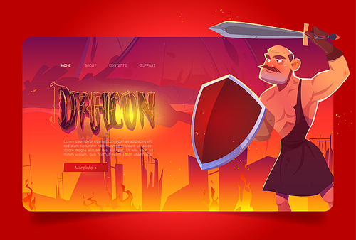 Dragon banner. Fairy tale fantasy flying beast sets fire to houses. Vector landing page with cartoon illustration of ancient warrior with sword and shield fights against dragon