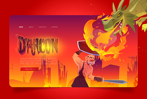 Dragon attack knight cartoon landing page, magic character breathing with fire fighting medieval warrior with sword and shield. Epic scene for fairytale game, fantasy movie or book, vector web banner