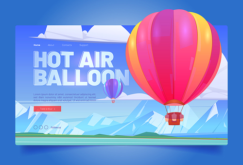 Hot air balloon travel flight cartoon landing page, aerial tourism service, ballons with basket flying above field and snowy mountain peaks in blue sky, scenery landscape view, vector web banner