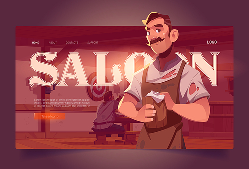 Saloon cartoon landing page, old style tavern interior with barista holding wooden tankard and visitor dining. Invitation to retro beer pub, antique bar with desk, benches and tables vector web banner