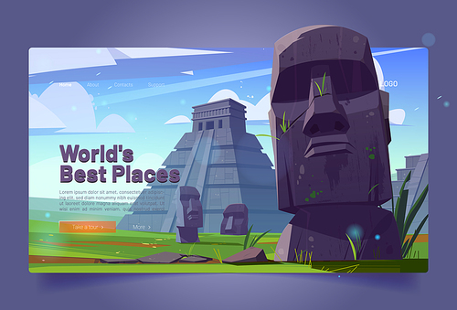 World best places cartoon landing page. Moai statues and pyramids, republic of Chile travel famous landmarks stone heads on green field of Island or Rapa Nui, ancient monument vector web banner