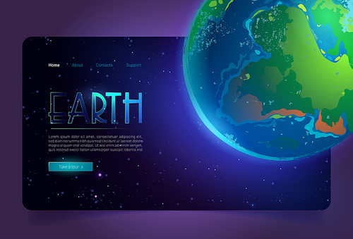 Earth cartoon landing page, planet in Universe digital concept with glowing sphere in outer space. Environment protection, scientific research, eco conservation or galaxy travel, vector web banner