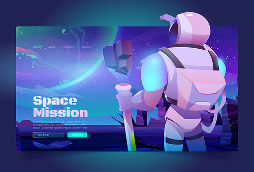 Space missions banner with astronaut in suit and helmet on alien planet in far galaxy. Vector landing page of cosmos exploration with cartoon illustration of cosmonaut in spacesuit
