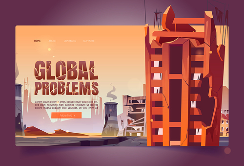 Global problems cartoon web banner, save the planet concept, destroyed city, war, abandoned buildings and factory pipes with smoke. Destruction, natural disaster or world cataclysm vector landing page