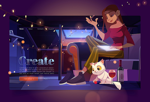 Banner with woman artist on attic at night. Girl painter sit on sofa and draw. Vector landing page of creative work and hobby with cartoon illustration of mansard cozy interior, woman with pen and cat