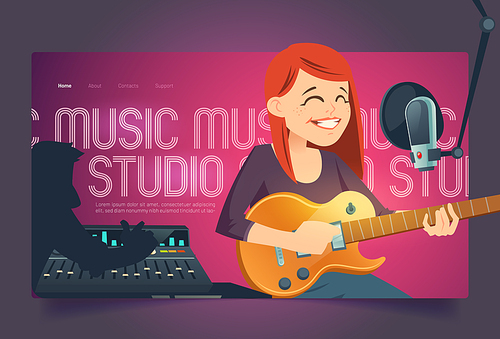 Recording studio cartoon landing page, singer woman with guitar sing in music booth with microphone and engineer capturing, mixing and mastering samples on sound recorder board, vector illustration