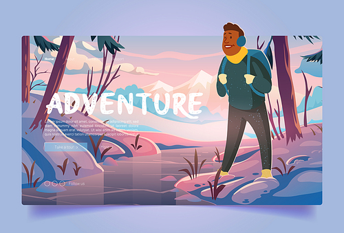 Adventure, travel journey cartoon landing page, traveler at winter forest with mountains view. Tourist with backpack at wood rocky snowy landscape looking at frozen creek, hiking Vector web banner