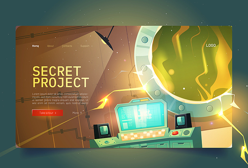 Secret project cartoon landing page. Underground bunker or scientific laboratory and glowing plasma in open vault door. Headquarters base control panel with screen and red button Vector web banner