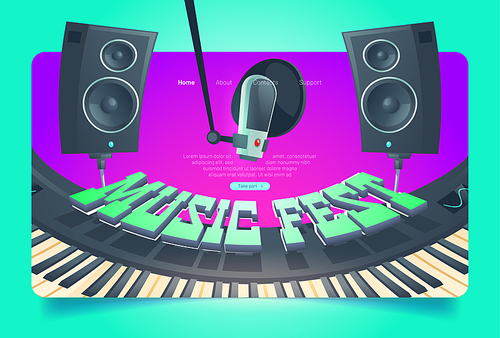 Music fest banner. Invitation to musical festival, live concert event. Vector landing page with cartoon illustration of synthesizer keyboard, loudspeakers and microphone