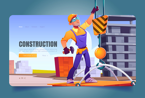 Construction banner with worker in helmet and crane hook. Vector landing page of house building with cartoon illustration of man builder in orange hardhat lifting weight with machinery