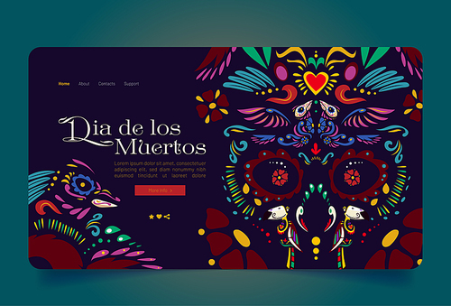 Dia de los Muertos banner with fancy pattern of skull with flowers, heart and birds. Vector landing page of Day of Dead in Mexico with cartoon illustration of traditional mexican ethnic