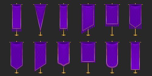 Pennant flags of purple and gold colors mockup, blank vertical banners with different edge shapes hanging on flagpole. Isolated medieval heraldic empty ensigns. Realistic 3d vector illustration set